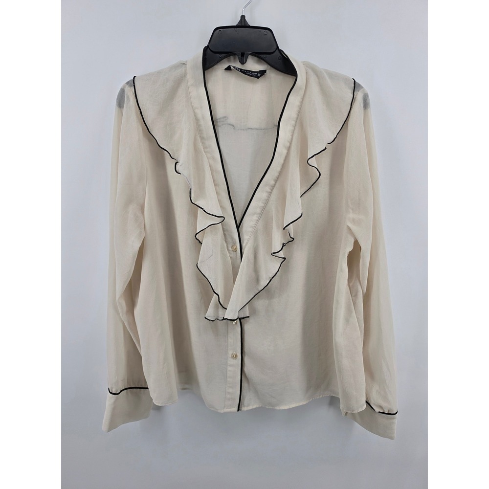 Zara Sheer Ruffle Collar Blouse Cream Black Trim XL